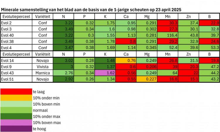 De tabel geeft een overzicht van de minerale samenstelling in het blad zoals die was op 23 april.