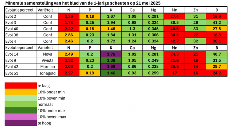 De tabel geeft een overzicht van de minerale samenstelling in het blad zoals die was op 21 mei